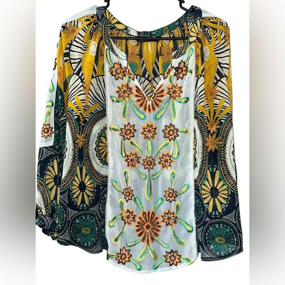 KAS WOMENS FLORAL EMBROIDERED PULLOVER‎ TUNIC TOP IN YELLOW Size Small - Picture 3 of 9